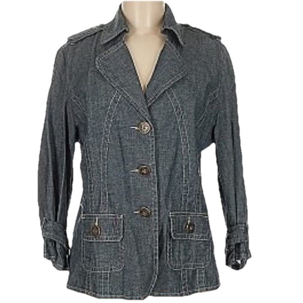 D.F.A. New York denim blazer jacket with ruffled sleeves L